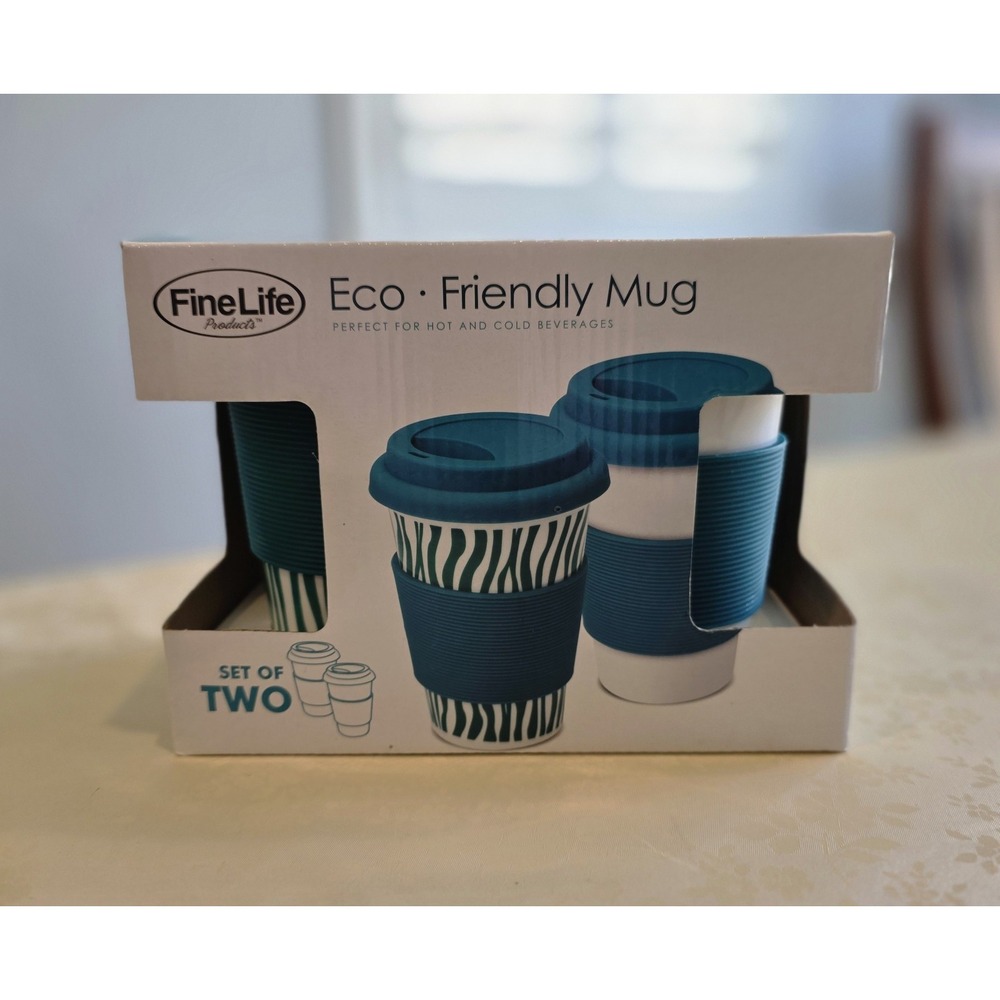 NIB Set Of 2 Fine Life Eco Friendly Mugs 12.5 Oz Teal Blue